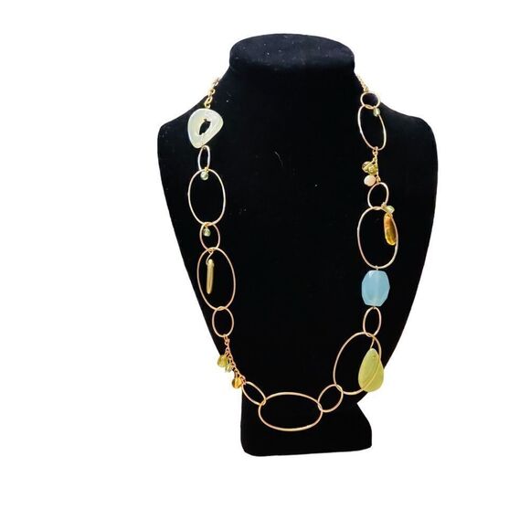 Oval Link Gold Stone and Glass Bead Long Necklace - Picture 1 of 2